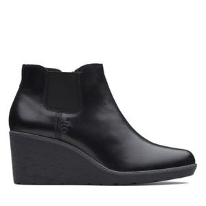 Clarks Hazen Flora Black Leather Wedge Ankle Bootie